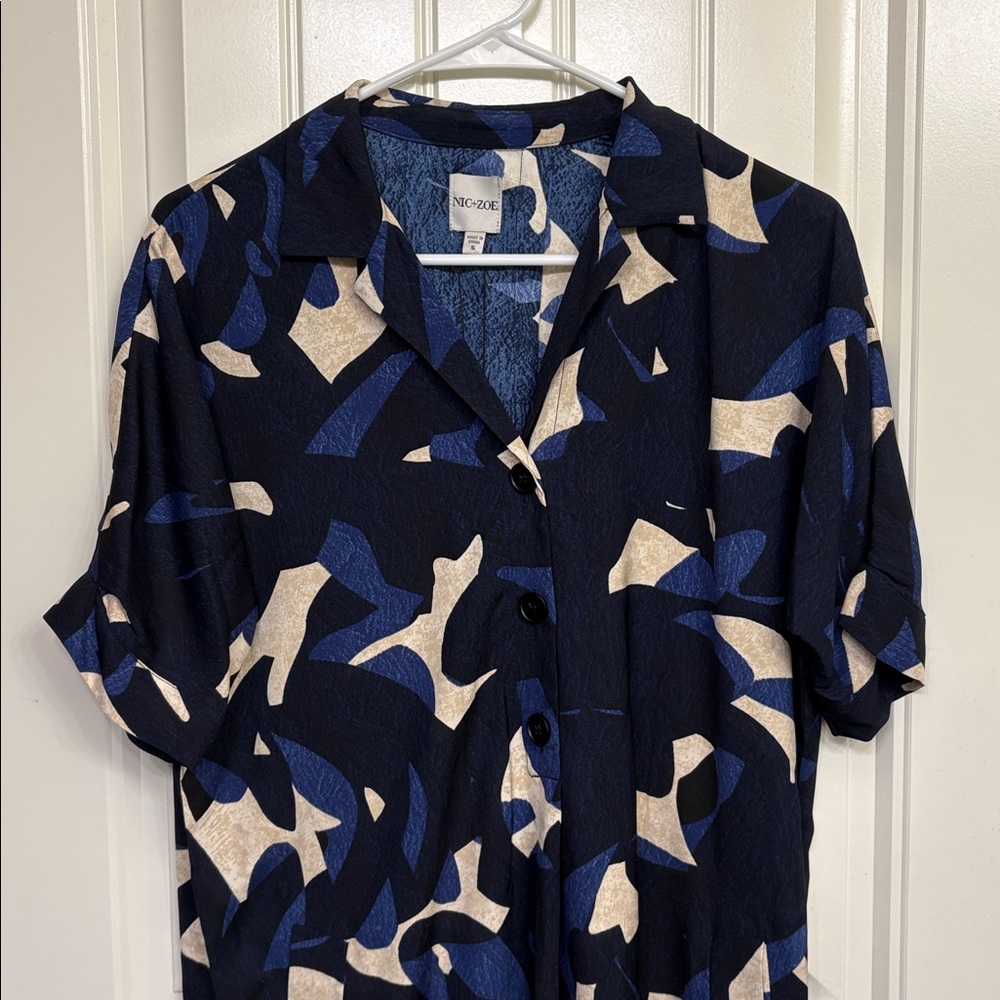 NWT NIC+ZOE Abstract Print Billow Shirt Dress Black Blue White Size S - Picture 2 of 11